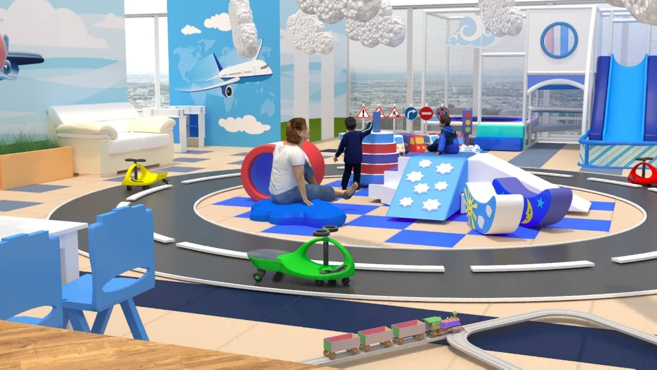 3D дизайн игровой комнаты в аэропорту.